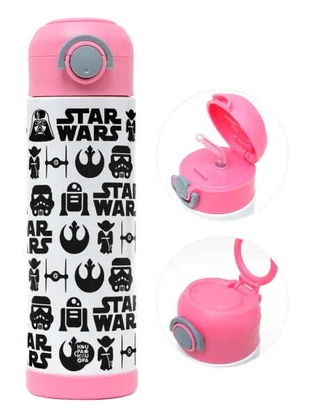 Star Wars Pattern — Παιδικό παγούρι θερμό, ανοξείδωτο, με καλαμάκι ασφαλείας, ΡΟΖ (500ml)