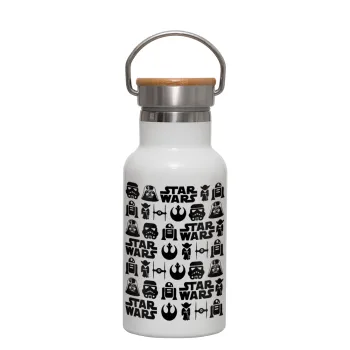 Star Wars Pattern, Metallic thermos (Stainless steel) White with wooden lid (bamboo), double-walled, 350ml