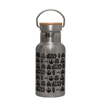 Star Wars Pattern, Stainless steel metallic thermos flask, silver with a bamboo lid, double-walled, 350ml.