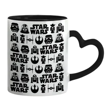 Star Wars Pattern, Κούπα καρδιά χερούλι μαύρη, κεραμική, 330ml