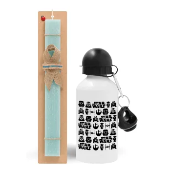 Star Wars Pattern, Easter Set, metallic aluminum water bottle (500ml) & scented flat candle (30cm) (TURQUOISE)