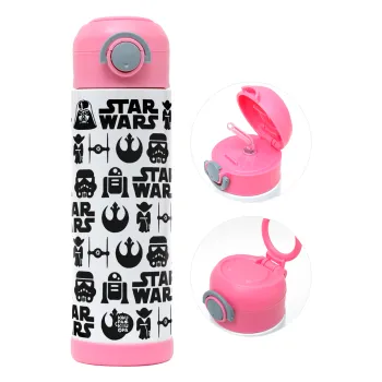 Star Wars Pattern, Παιδικό παγούρι θερμό, ανοξείδωτο, με καλαμάκι ασφαλείας, ΡΟΖ (500ml)