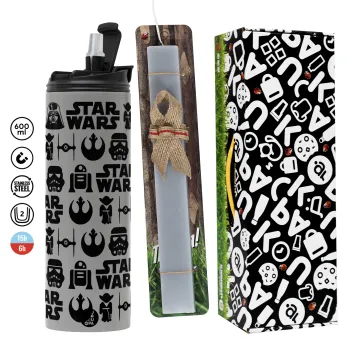 Star Wars Pattern, Πασχαλινή Λαμπάδα με Travel Tumbler θερμό (600ml, BPA free) & κερί αρωματικό πλακέ (30cm) (ΓΚΡΙ)