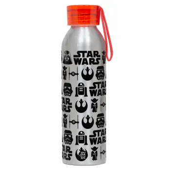 Star Wars Pattern, Αλουμινένιο Αθλητικό Μπουκάλι 650ml – Ασημί με Κόκκινο Καπάκι και Λουράκι Σιλικόνης
