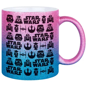 Star Wars Pattern, Κούπα Χρυσή/Μπλε Glitter, κεραμική, 330ml