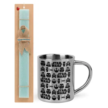 Star Wars Pattern, Easter Set, metallic thermal cup (300ml) & aromatic flat Easter candle (30cm) (TURQUOISE)