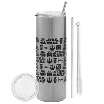 Star Wars Pattern, Tumbler stainless steel Silver 600ml, with metal straw & cleaning brush