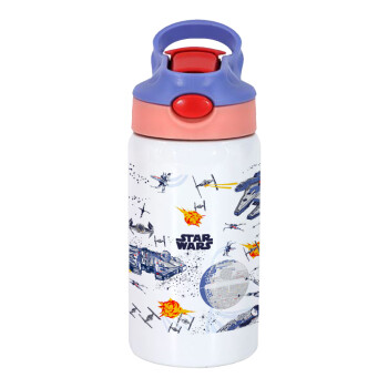 Star wars drawing, Children's hot water bottle, stainless steel, with safety straw, pink/purple (350ml)