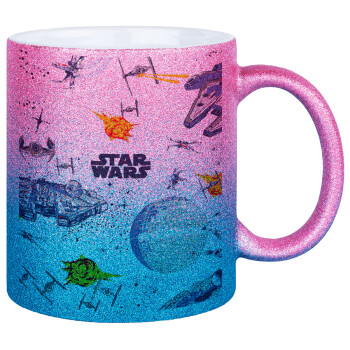 Star wars drawing, Κούπα Χρυσή/Μπλε Glitter, κεραμική, 330ml