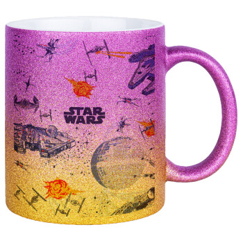 Star wars drawing, Κούπα Χρυσή/Ροζ Glitter, κεραμική, 330ml