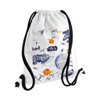 Star wars drawing, Τσάντα πλάτης πουγκί GYMBAG λευκή, με τσέπη (40x48cm) & χονδρά κορδόνια