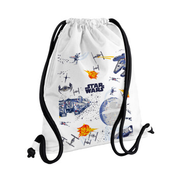Star wars drawing, Backpack pouch GYMBAG white, with pocket (40x48cm) & thick cords
