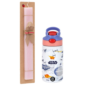 Star wars drawing, Easter Set, Children's thermal stainless steel water bottle with safety straw, pink/purple (350ml) & Easter scented flat candle (30cm) (PINK)