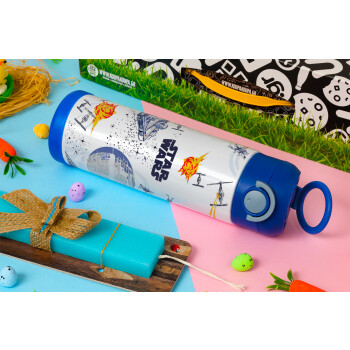 Star wars drawing, Easter candle, Childrens hot water bottle, stainless steel, with safety straw, BLUE (500ml)