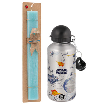 Star wars drawing, Easter Set, metallic silver aluminum water bottle (500ml) & scented flat Easter candle (30cm) (TURQUOISE)