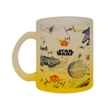 Star wars drawing, Κούπα γυάλινη δίχρωμη με βάση το κίτρινο ματ, 330ml