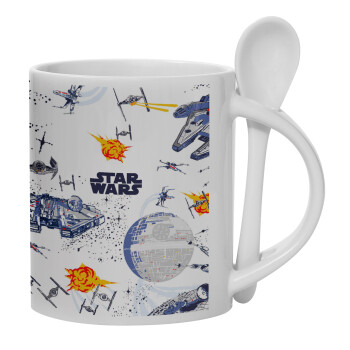 Star wars drawing, Ceramic coffee mug with Spoon, 330ml (1pcs)