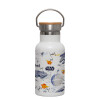 Metallic thermos (Stainless steel) White with wooden lid (bamboo), double-walled, 350ml