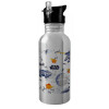 Water bottle Silver with straw, stainless steel 600ml