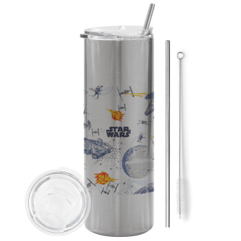 Star wars drawing, Eco friendly stainless steel Silver tumbler 600ml, with metal straw & cleaning brush