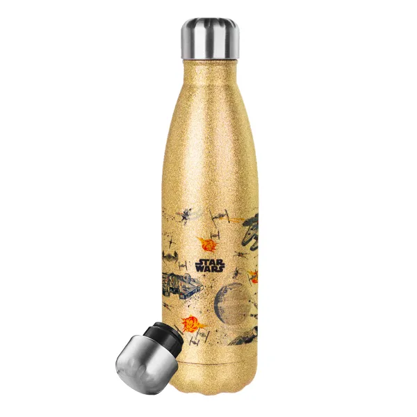 Star wars drawing — Glitter gold stainless steel thermos bottle, double-walled, 500ml