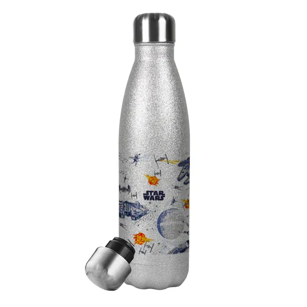 Star wars drawing — Metallic Glitter Silver Thermos Flask (Stainless steel), double-walled, 500ml