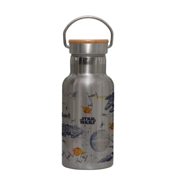 Star wars drawing — Stainless steel metallic thermos flask, silver with a bamboo lid, double-walled, 350ml.