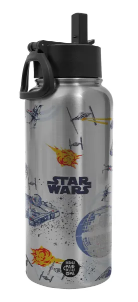 Star wars drawing — Metal mug thermo Silver with Straw and Spout Lid (Stainless steel), double wall, 950ml
