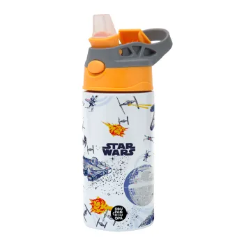 Star wars drawing, Children's hot water bottle, stainless steel, with safety straw, Orange/Grey (360ml) BPA-FREE