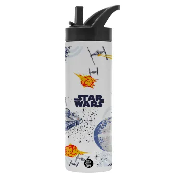 Ο πόλεμος των άστρων, Μεταλλικό παγούρι θερμός με καλαμάκι & χειρολαβή, ανοξείδωτο ατσάλι (Stainless steel 304), διπλού τοιχώματος, 600ml