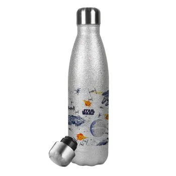 Star wars drawing, Metallic Glitter Silver Thermos Flask (Stainless steel), double-walled, 500ml