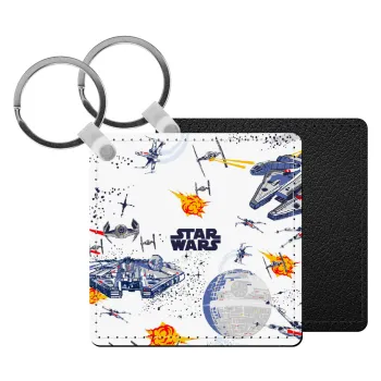 Star wars drawing, Μπρελόκ Δερματίνη, τετράγωνο ΜΑΥΡΟ (5x5cm)