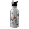Water bottle Silver with straw, stainless steel 600ml