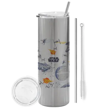 Star wars drawing, Tumbler stainless steel Silver 600ml, with metal straw & cleaning brush
