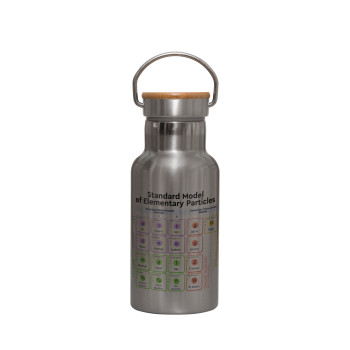 Standard model of elementary particles, Stainless steel metallic thermos flask, silver with a bamboo lid, double-walled, 350ml.