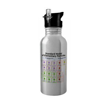 Standard model of elementary particles, Water bottle Silver with straw, stainless steel 600ml
