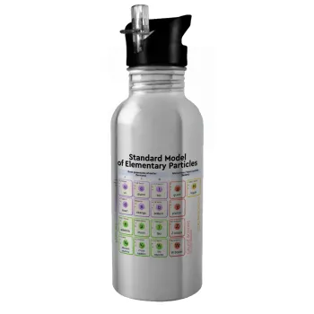 Standard model of elementary particles, Water bottle Silver with straw, stainless steel 600ml
