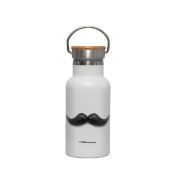 Ο καλύτερος μουστακαλής του κόσμου!!!, Metallic thermos (Stainless steel) White with wooden lid (bamboo), double-walled, 350ml