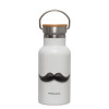 Metallic thermos (Stainless steel) White with wooden lid (bamboo), double-walled, 350ml