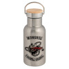 Stainless steel metallic thermos flask, silver with a bamboo lid, double-walled, 350ml.