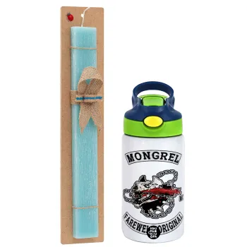 Day's Gone, mongrel farewell original, Easter Set, Children's thermal stainless steel bottle with safety straw, green/blue (350ml) & aromatic flat Easter candle (30cm) (TURQUOISE)