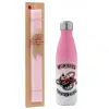 Easter Set, Metallic pink/white (Stainless steel) thermos, double-walled, 500ml & aromatic flat Easter candle (30cm) (PINK)