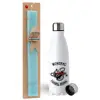 Easter Set, metallic stainless steel water bottle (750ml) & aromatic flat Easter candle (30cm) (TURQUOISE)