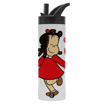 Η μικρή Λουλού, Μεταλλικό παγούρι θερμός με καλαμάκι & χειρολαβή, ανοξείδωτο ατσάλι (Stainless steel 304), διπλού τοιχώματος, 600ml