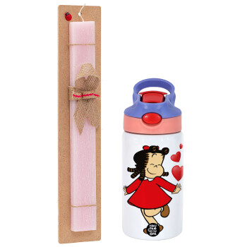 La petite Lulu, Easter Set, Children's thermal stainless steel water bottle with safety straw, pink/purple (350ml) & Easter scented flat candle (30cm) (PINK)