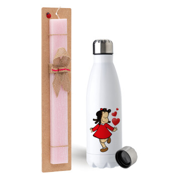 La petite Lulu, Easter Set, metallic stainless steel water bottle (750ml) & scented flat Easter candle (30cm) (PINK)