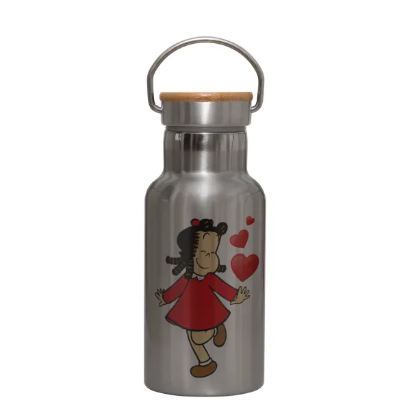 La petite Lulu — Stainless steel metallic thermos flask, silver with a bamboo lid, double-walled, 350ml.