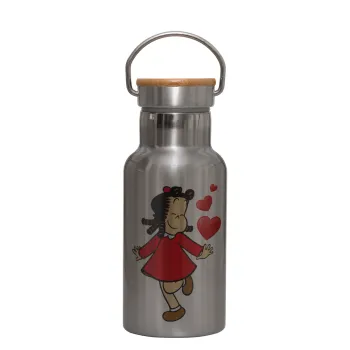 La petite Lulu, Stainless steel metallic thermos flask, silver with a bamboo lid, double-walled, 350ml.