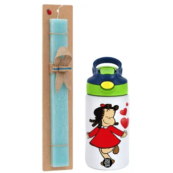 La petite Lulu, Easter Set, Children's thermal stainless steel bottle with safety straw, green/blue (350ml) & aromatic flat Easter candle (30cm) (TURQUOISE)