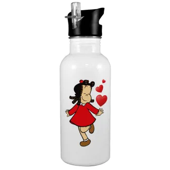 La petite Lulu, White water bottle with straw, stainless steel 600ml